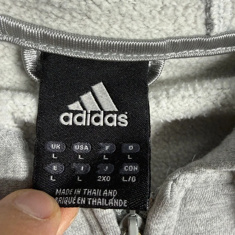 Adidas Hoodie Mens L Gray Full Zip 3-Stripe Metallic Silver Logo Fleece 25x31‎